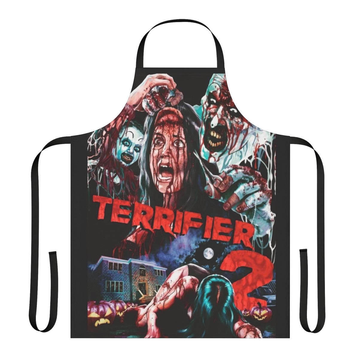 Terrifier 2 themed apron with Art the Clown and other horror elements