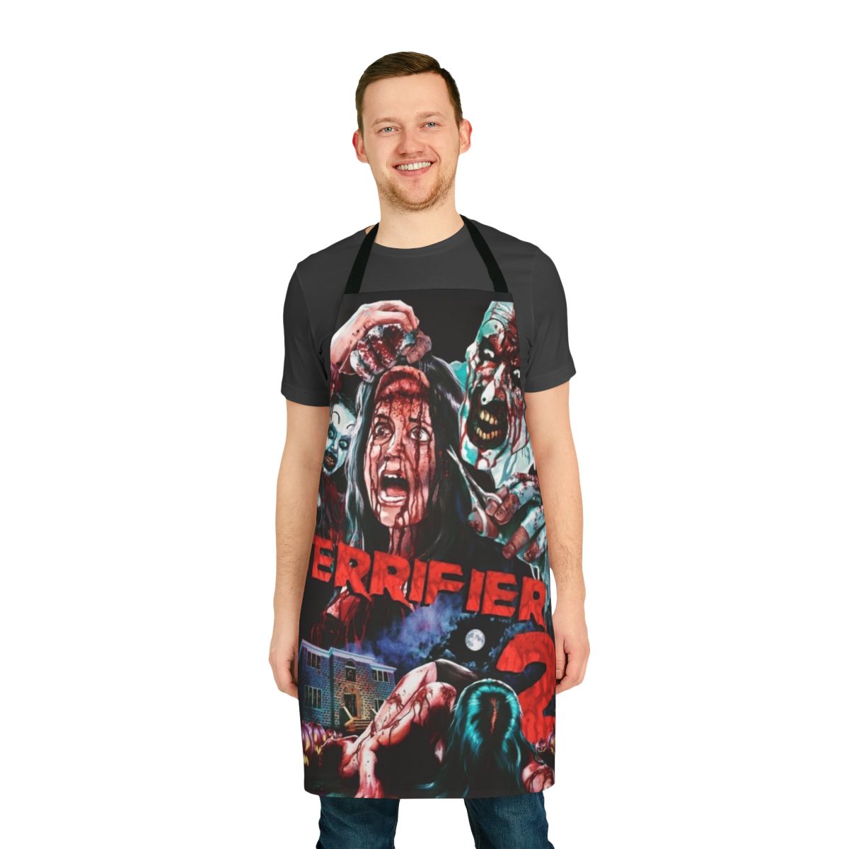Terrifier 2 themed apron with Art the Clown and other horror elements