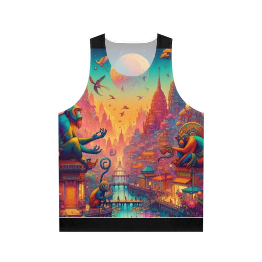 The City of Monkeys Unisex Tank Top with a vibrant cityscape and whimsical wildlife