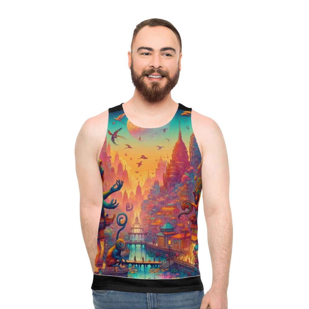 The City of Monkeys Unisex Tank Top with a vibrant cityscape and whimsical wildlife