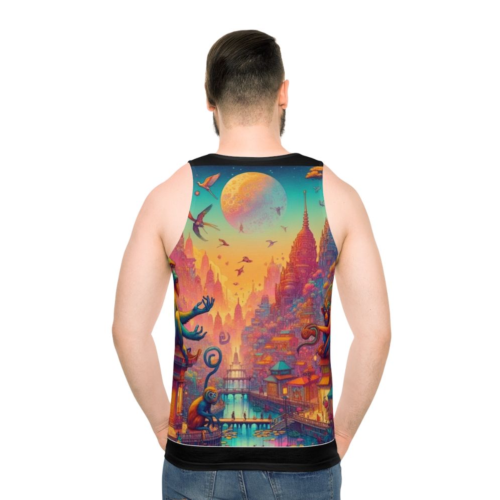 The City of Monkeys Unisex Tank Top with a vibrant cityscape and whimsical wildlife