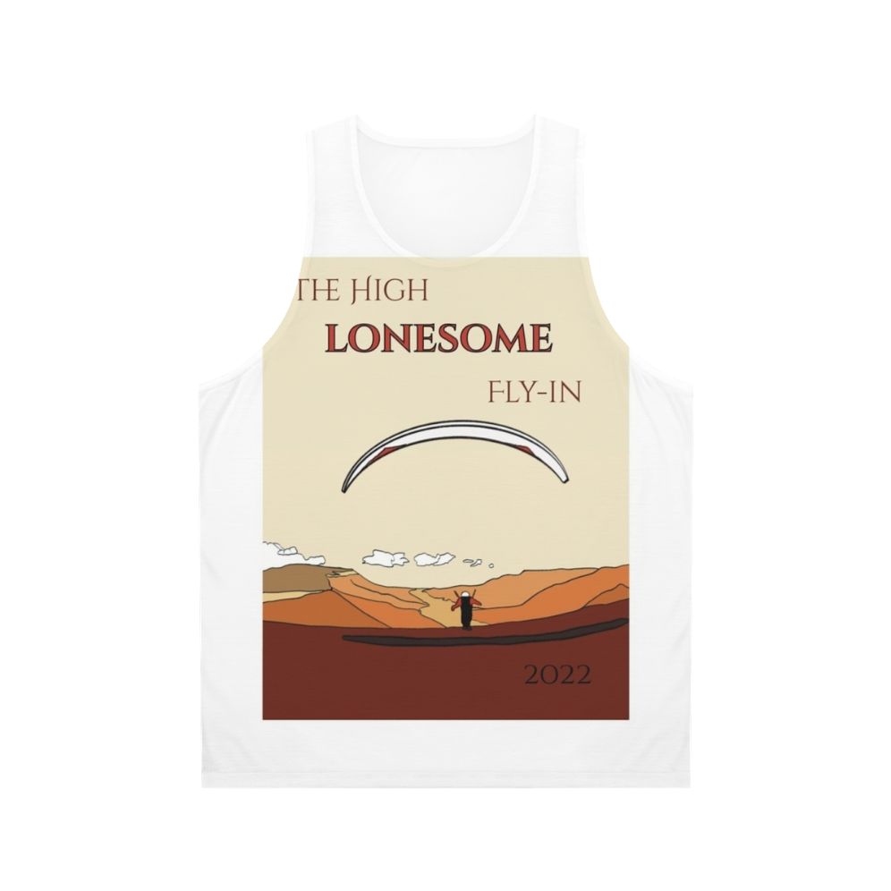 Unisex tank top featuring the High Lonesome Fly In 2022 paragliding event