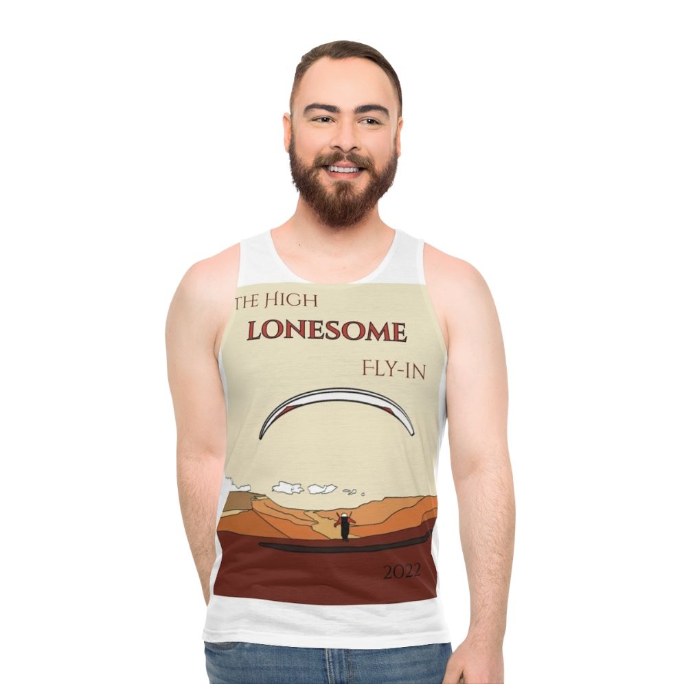 Unisex tank top featuring the High Lonesome Fly In 2022 paragliding event