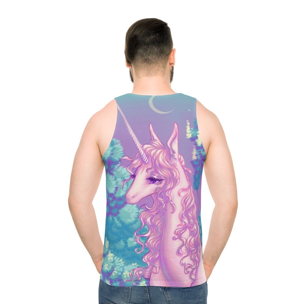 Unisex tank top featuring a glowing unicorn design in a forest setting from the classic 80s fantasy movie 'The Last Unicorn'