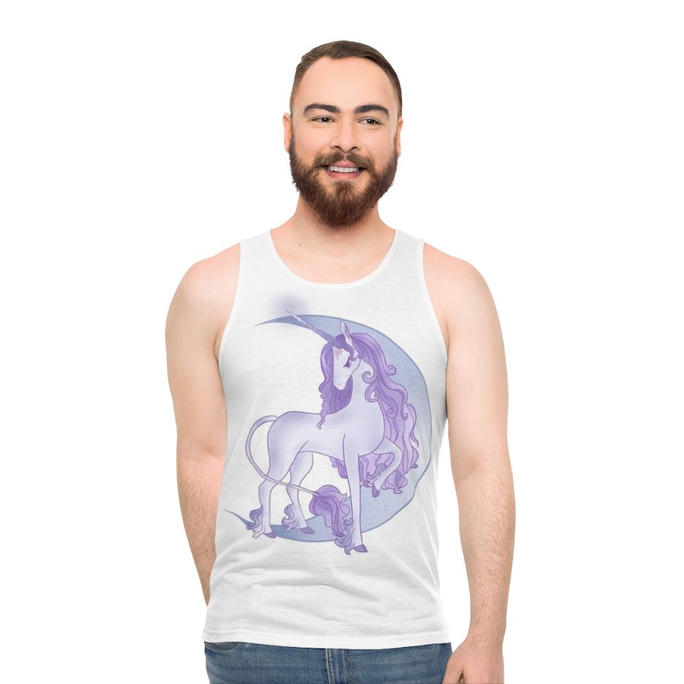 Unisex tank top featuring a magical white unicorn design with a crescent moon