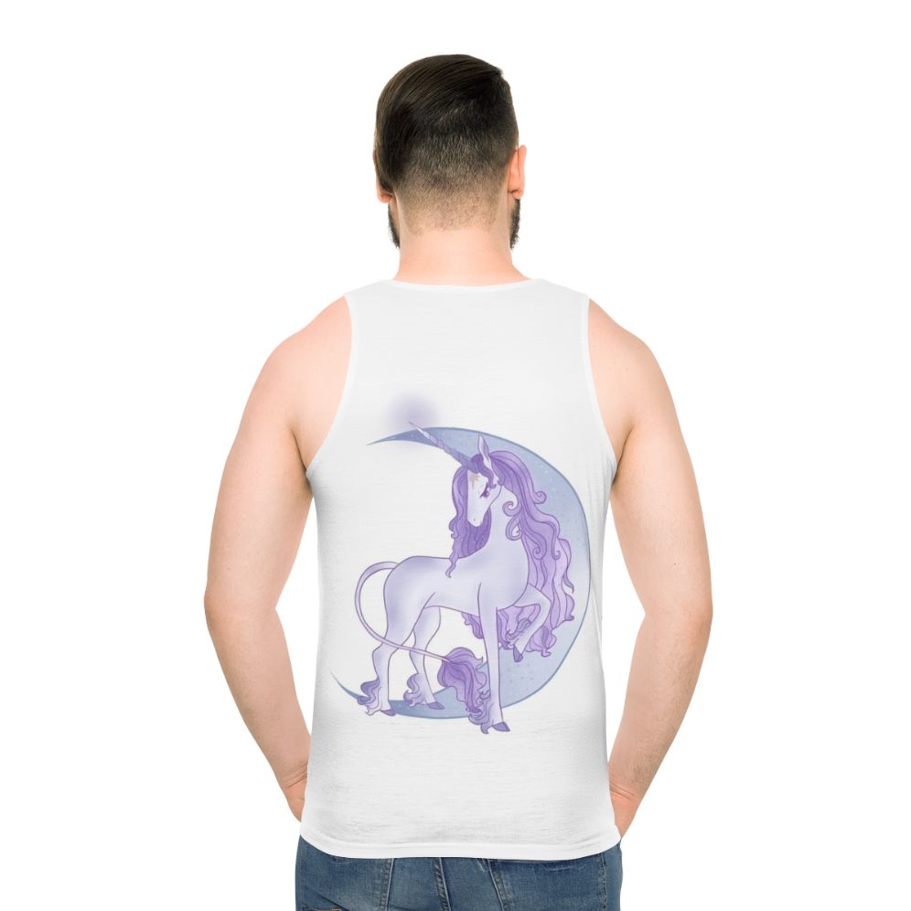 Unisex tank top featuring a magical white unicorn design with a crescent moon