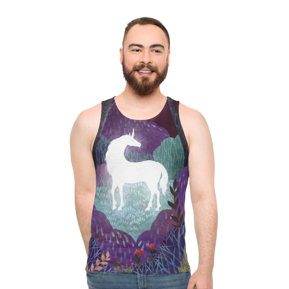 The Last Unicorn Unisex Tank Top featuring a magical unicorn in a fantasy forest