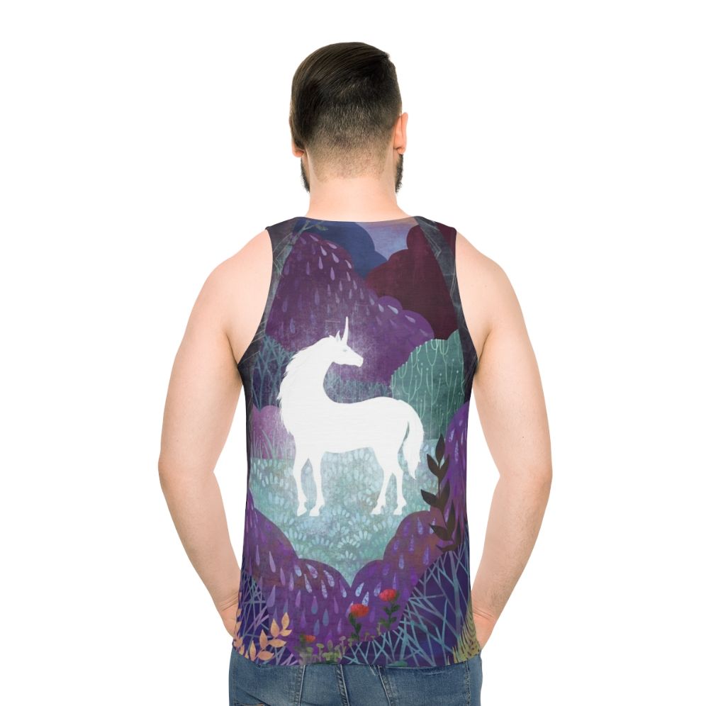 The Last Unicorn Unisex Tank Top featuring a magical unicorn in a fantasy forest