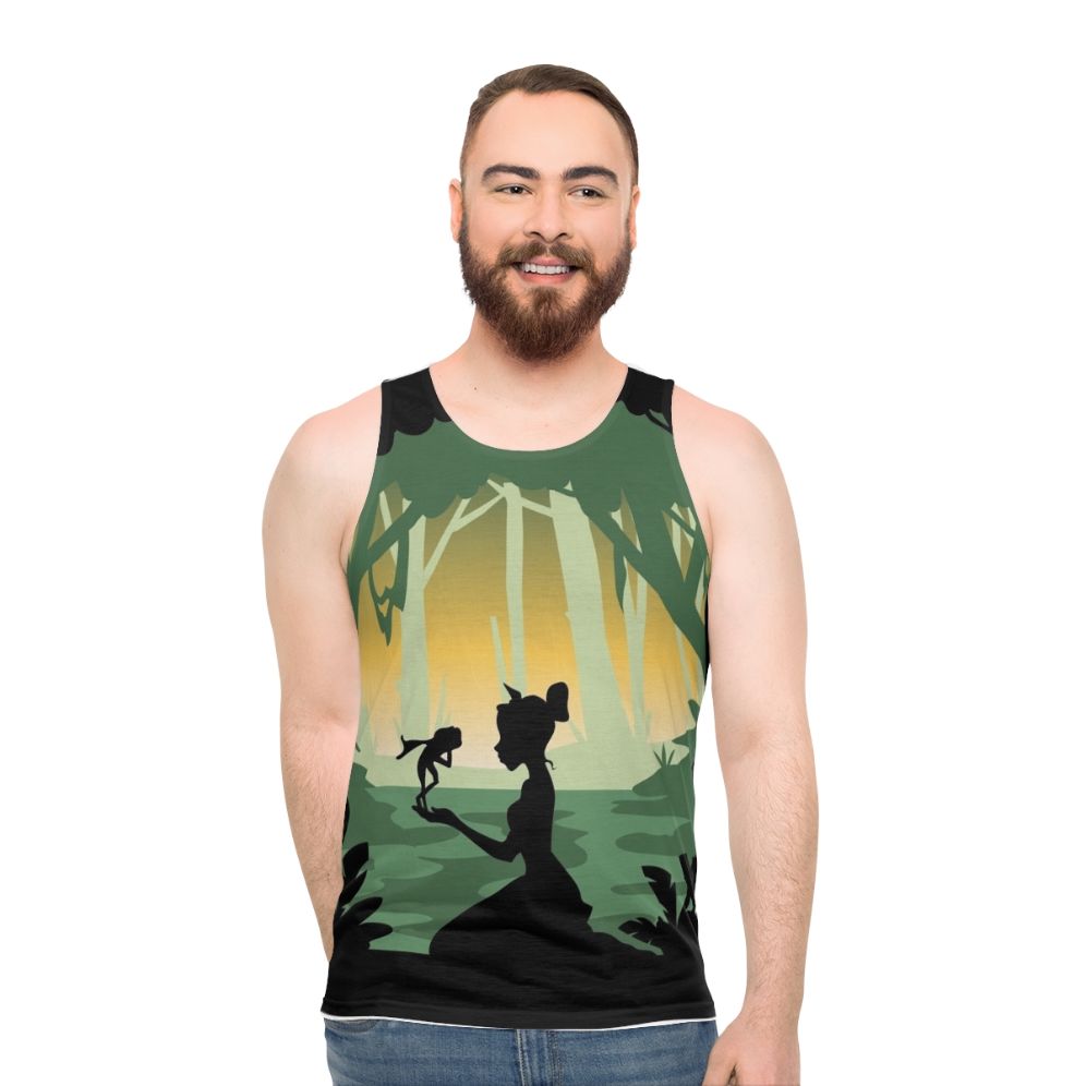Minimal poster design of The Princess And The Frog movie on a unisex tank top