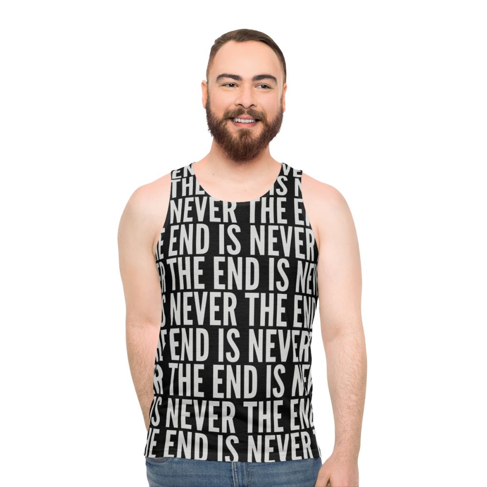 Unisex tank top with "The End Is Never The End" text, inspired by the video game The Stanley Parable