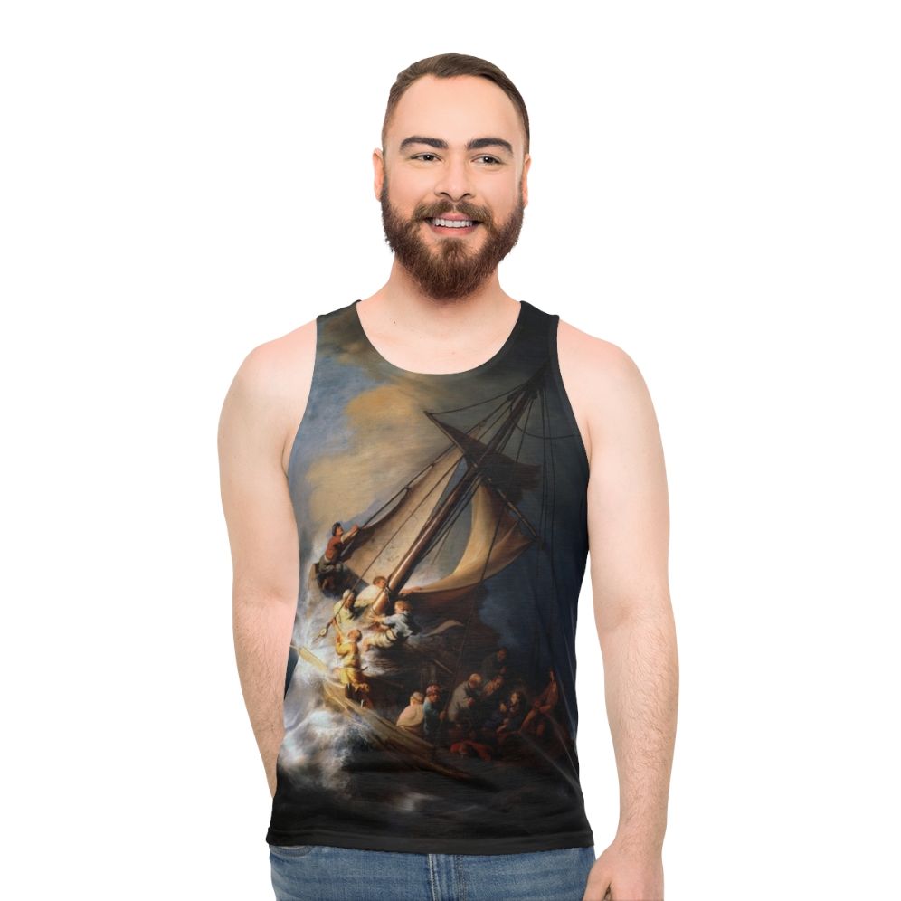 Unisex tank top featuring Rembrandt's 'The Storm on the Sea of Galilee' painting