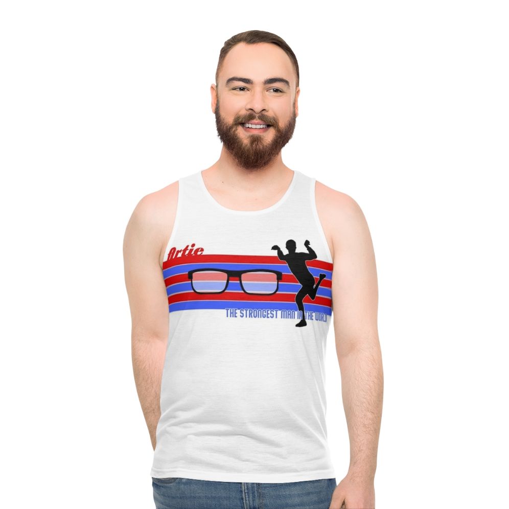 Unisex tank top featuring "The Strongest Man" design