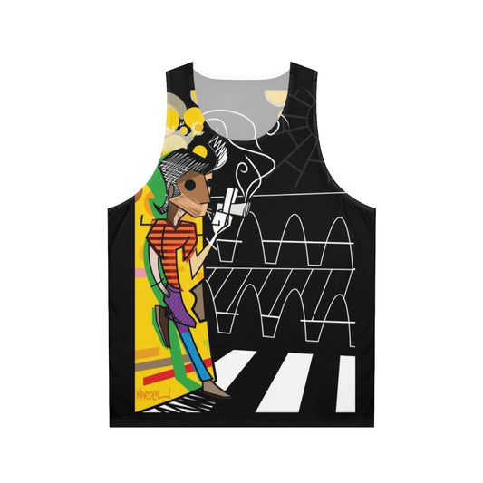 Colorful unisex tank top with pop art "The Trickster" design