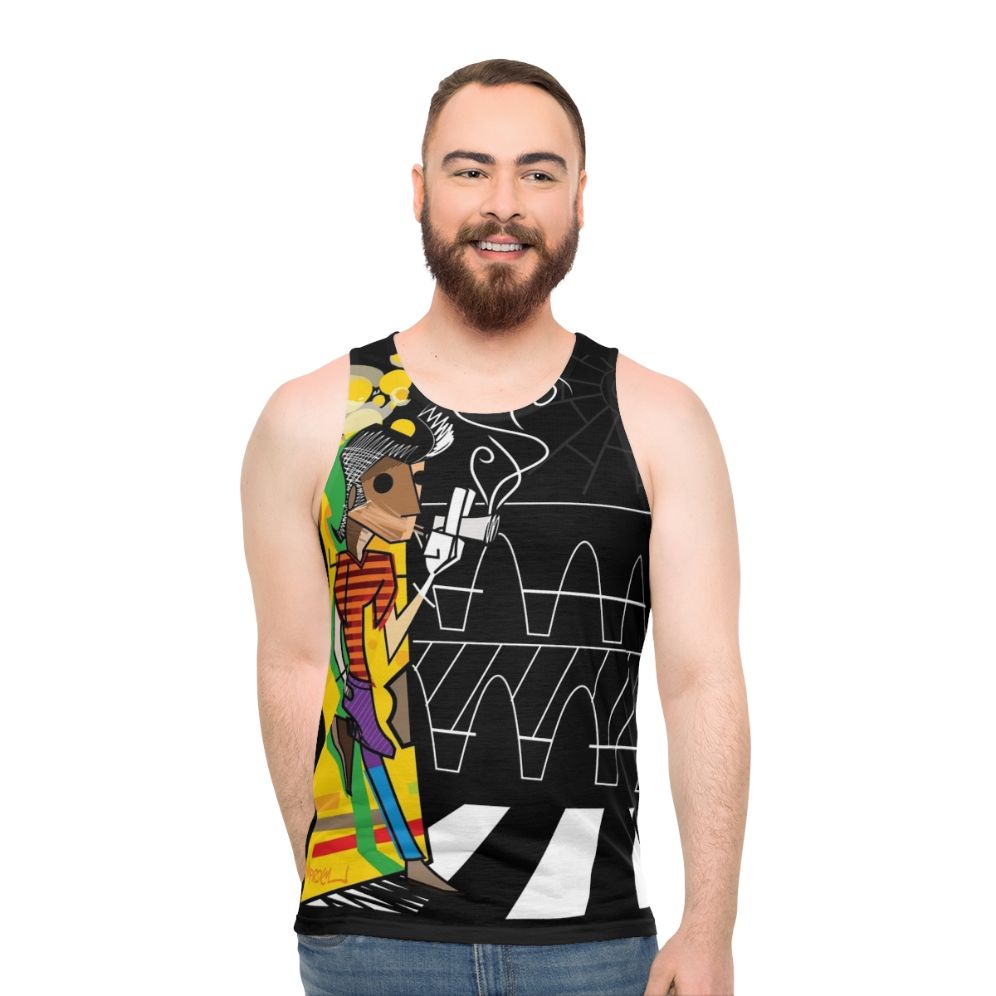 Colorful unisex tank top with pop art "The Trickster" design