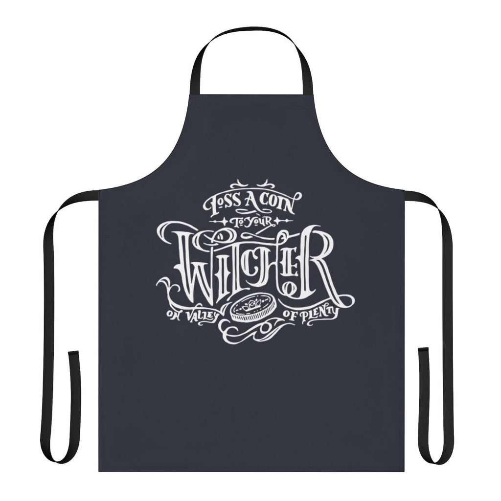 White apron with "Toss a Coin to Your Witcher" lyrics, inspired by the popular Netflix series The Witcher