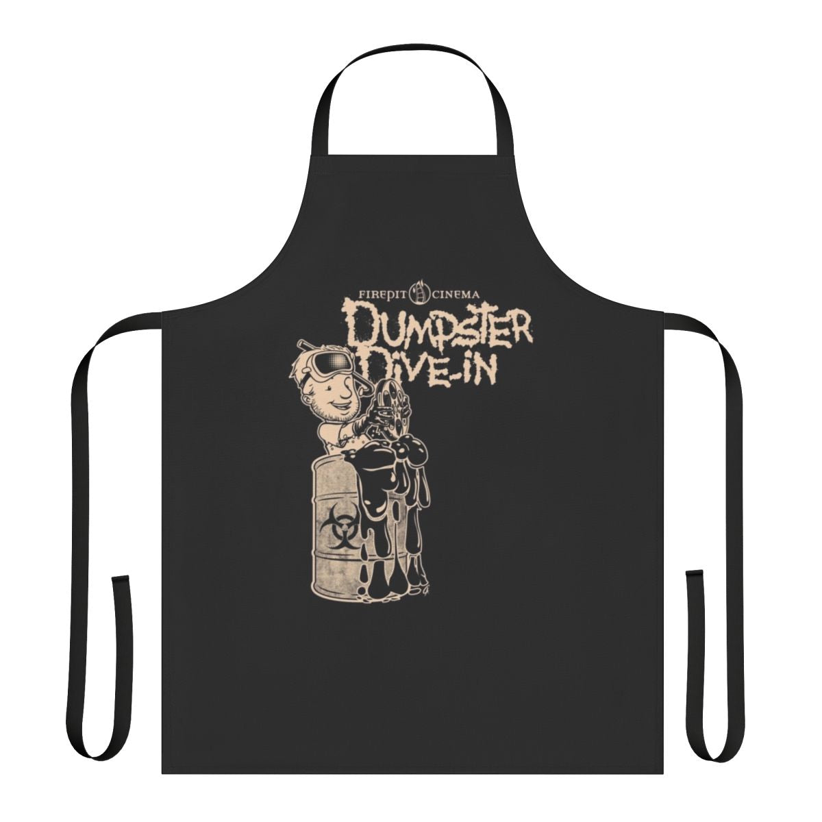 Apron with a dumpster diving and toxic waste theme, perfect for firepit cinema events.