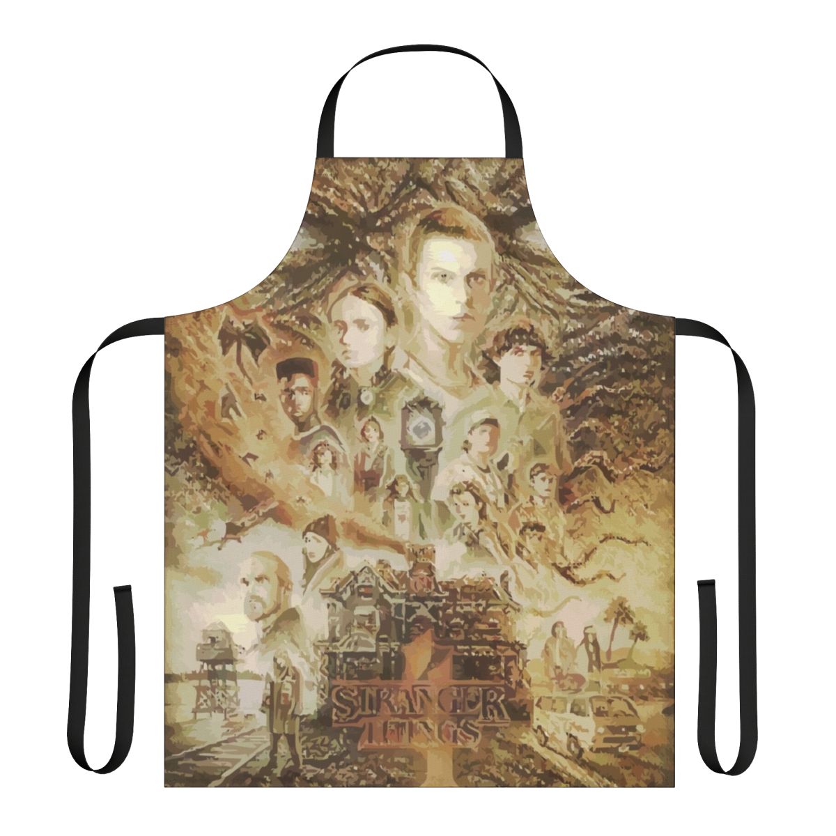 Themed Stranger Things inspired apron with iconic characters and imagery from the Netflix series.