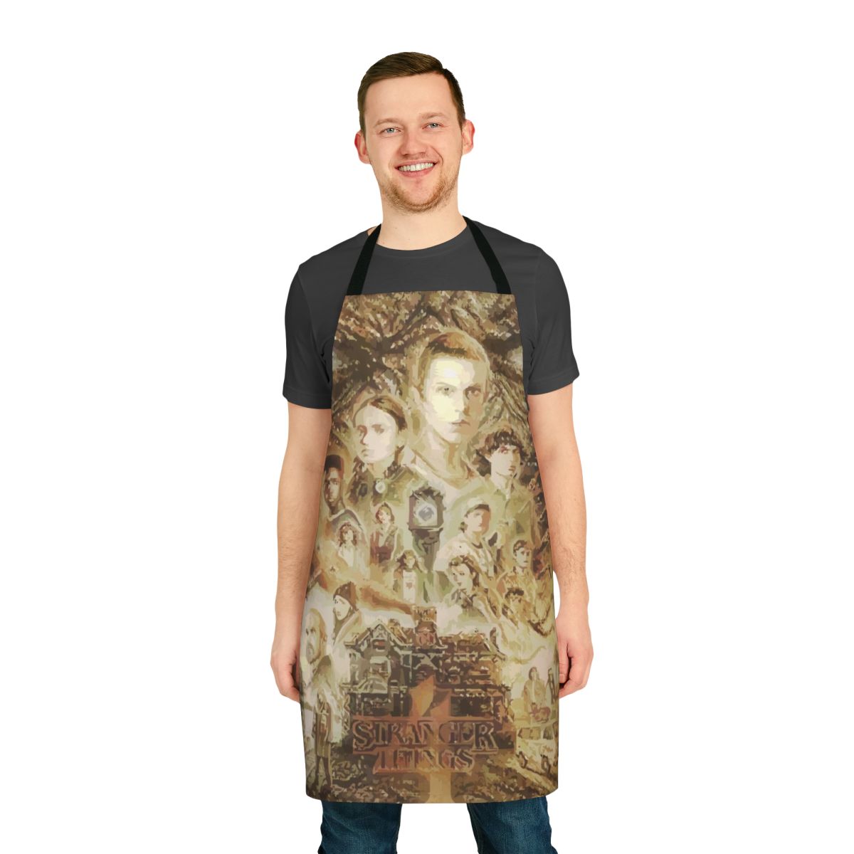 Themed Stranger Things inspired apron with iconic characters and imagery from the Netflix series.