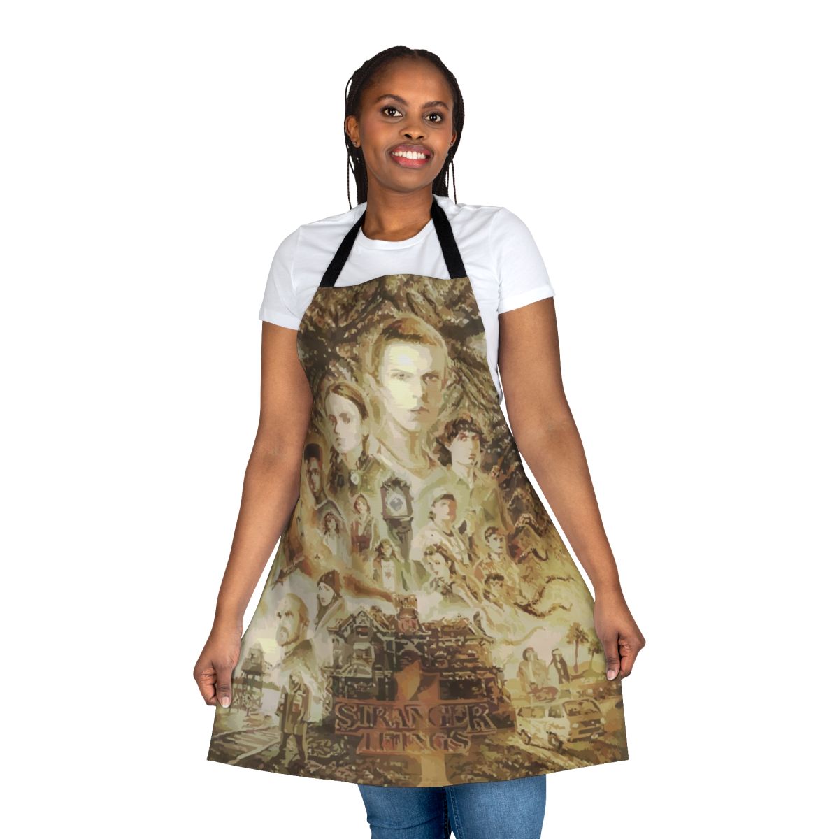 Themed Stranger Things inspired apron with iconic characters and imagery from the Netflix series.