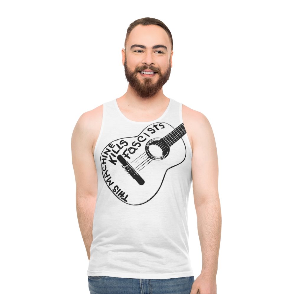 Unisex folk music tank top with "This Machine Kills Fascists" text