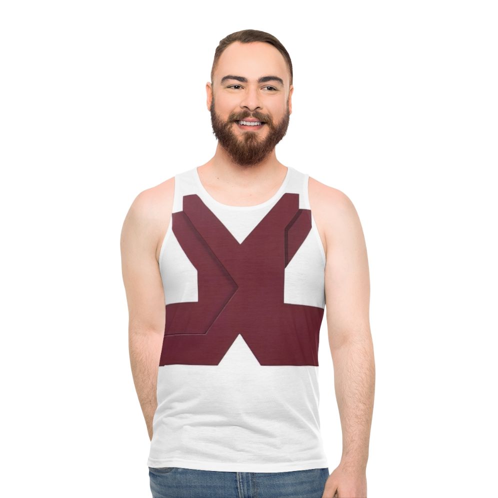Unisex tank top featuring Thomas Downing's abstract art with optical illusion and vibrant colors