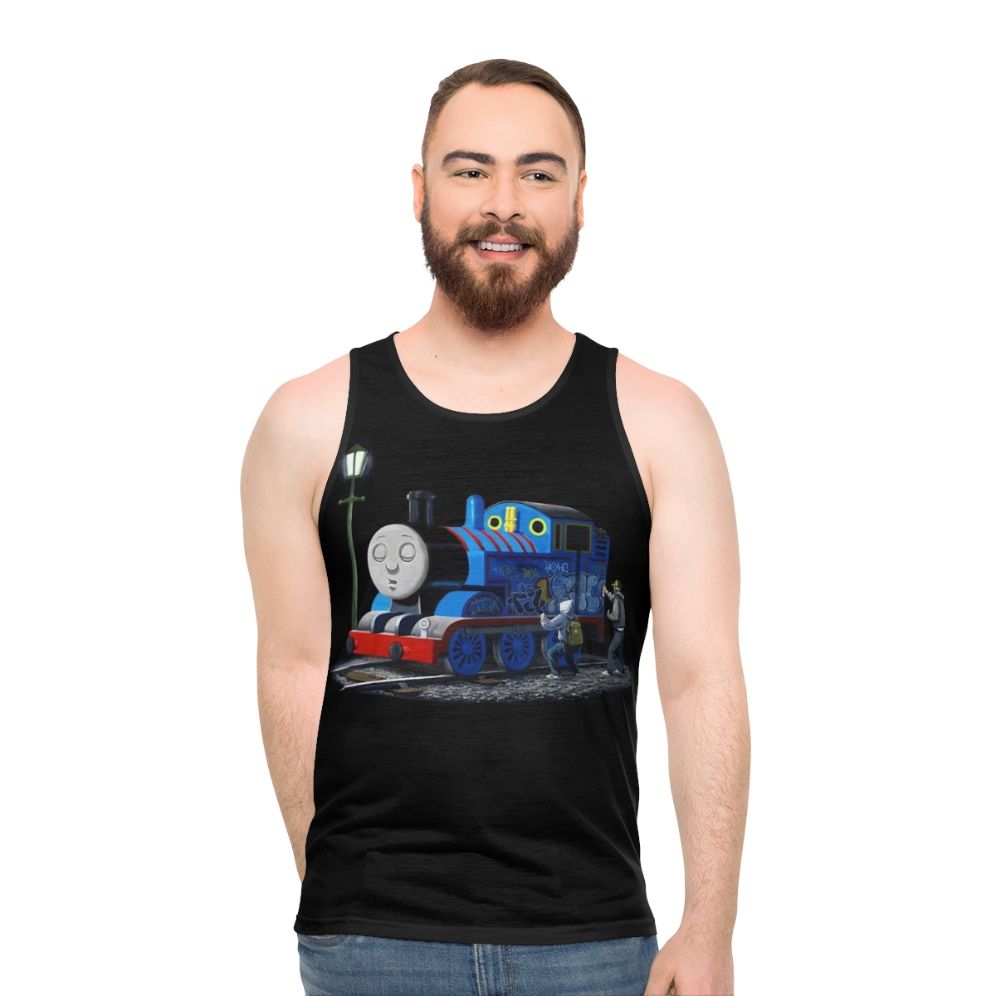 Banksy-inspired Thomas the Tank Engine graffiti unisex tank top
