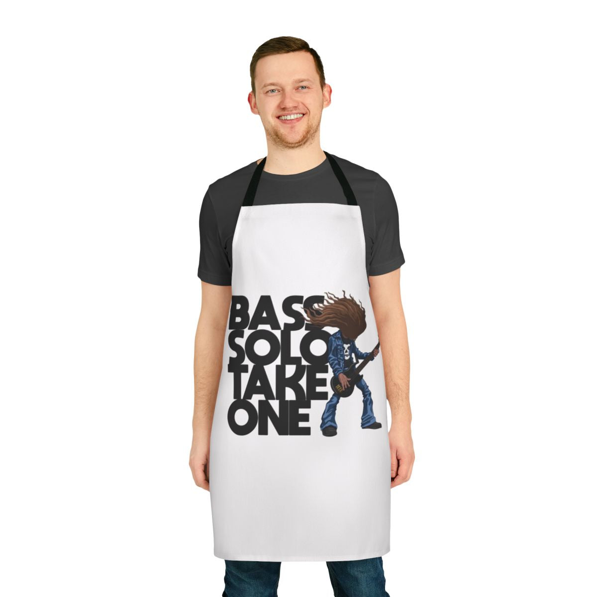A durable, high-quality apron featuring a graphic inspired by the legendary bass player Cliff Burton and thrash metal music.