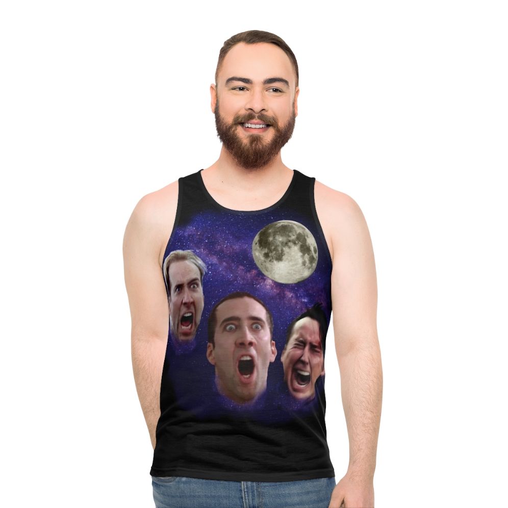Unisex tank top featuring a Three Cage Moon meme design