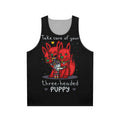 Three-headed puppy design on a white unisex tank top