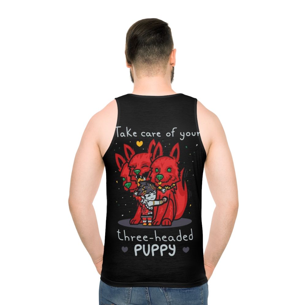 Three-headed puppy design on a white unisex tank top