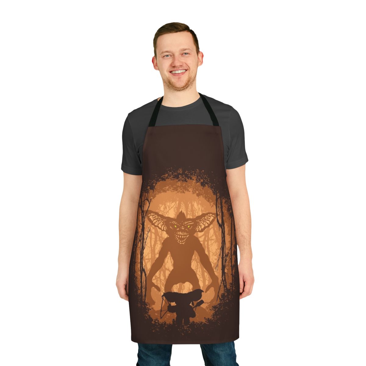 An apron featuring a dramatic epic battle scene with fantasy creatures, monsters, and heroes.