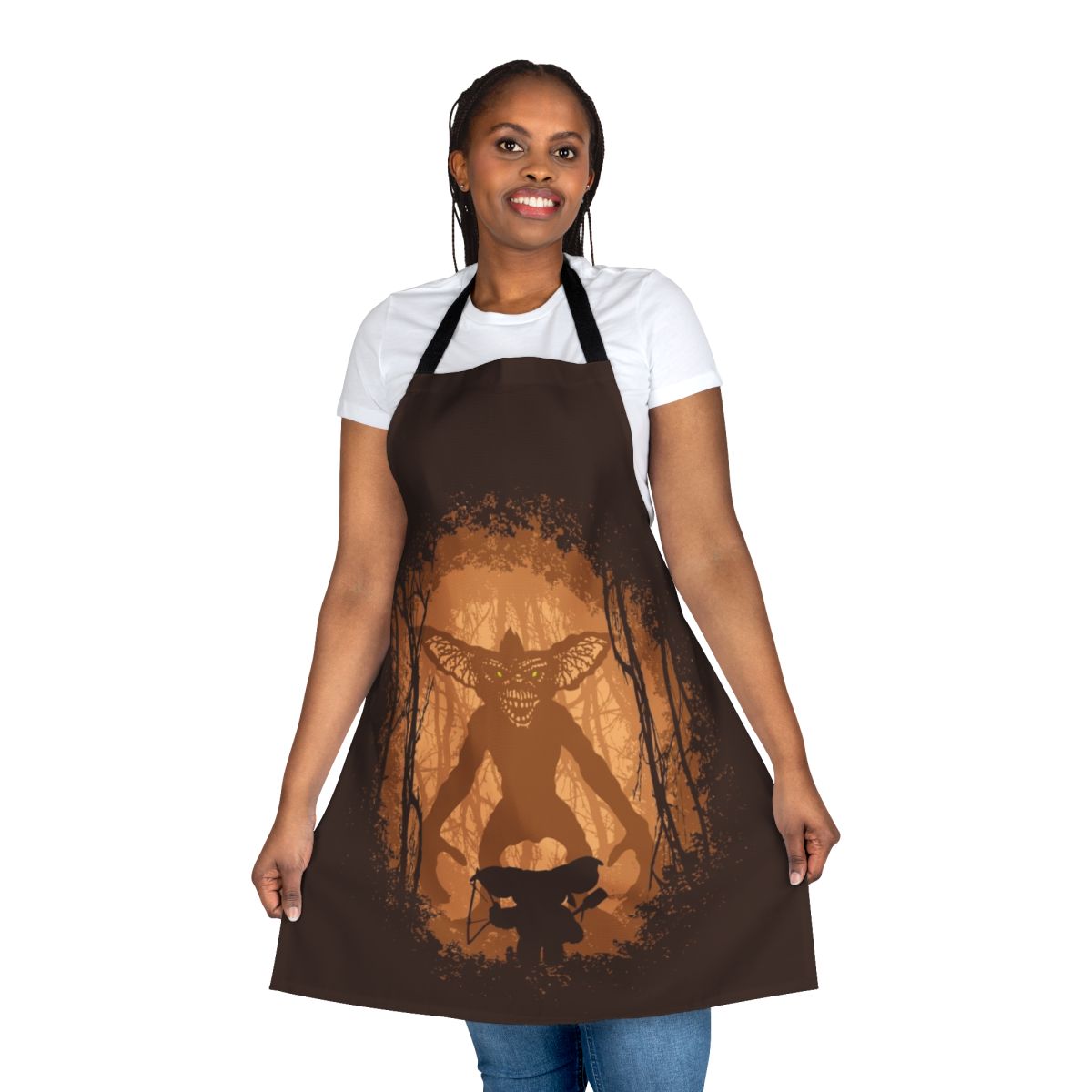 An apron featuring a dramatic epic battle scene with fantasy creatures, monsters, and heroes.