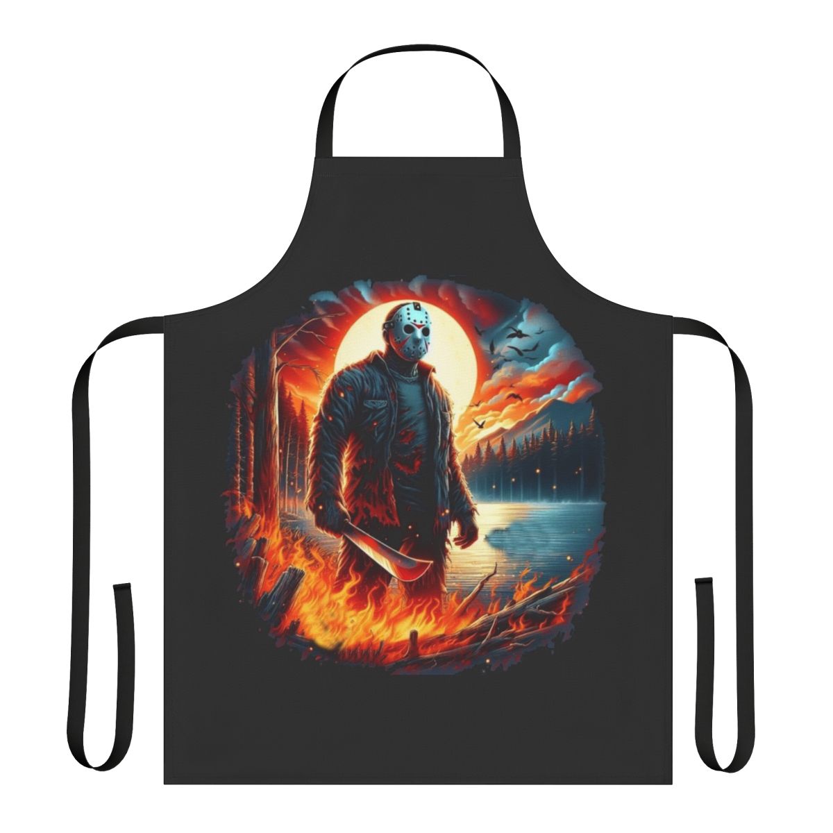 A scary kitchen apron featuring the iconic Jason hockey mask from the Friday the 13th horror movie franchise.