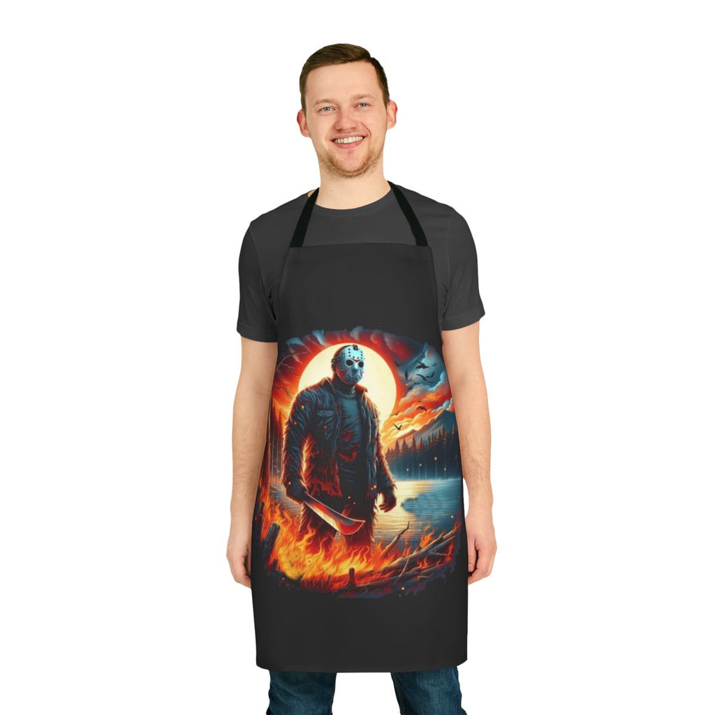 A scary kitchen apron featuring the iconic Jason hockey mask from the Friday the 13th horror movie franchise.