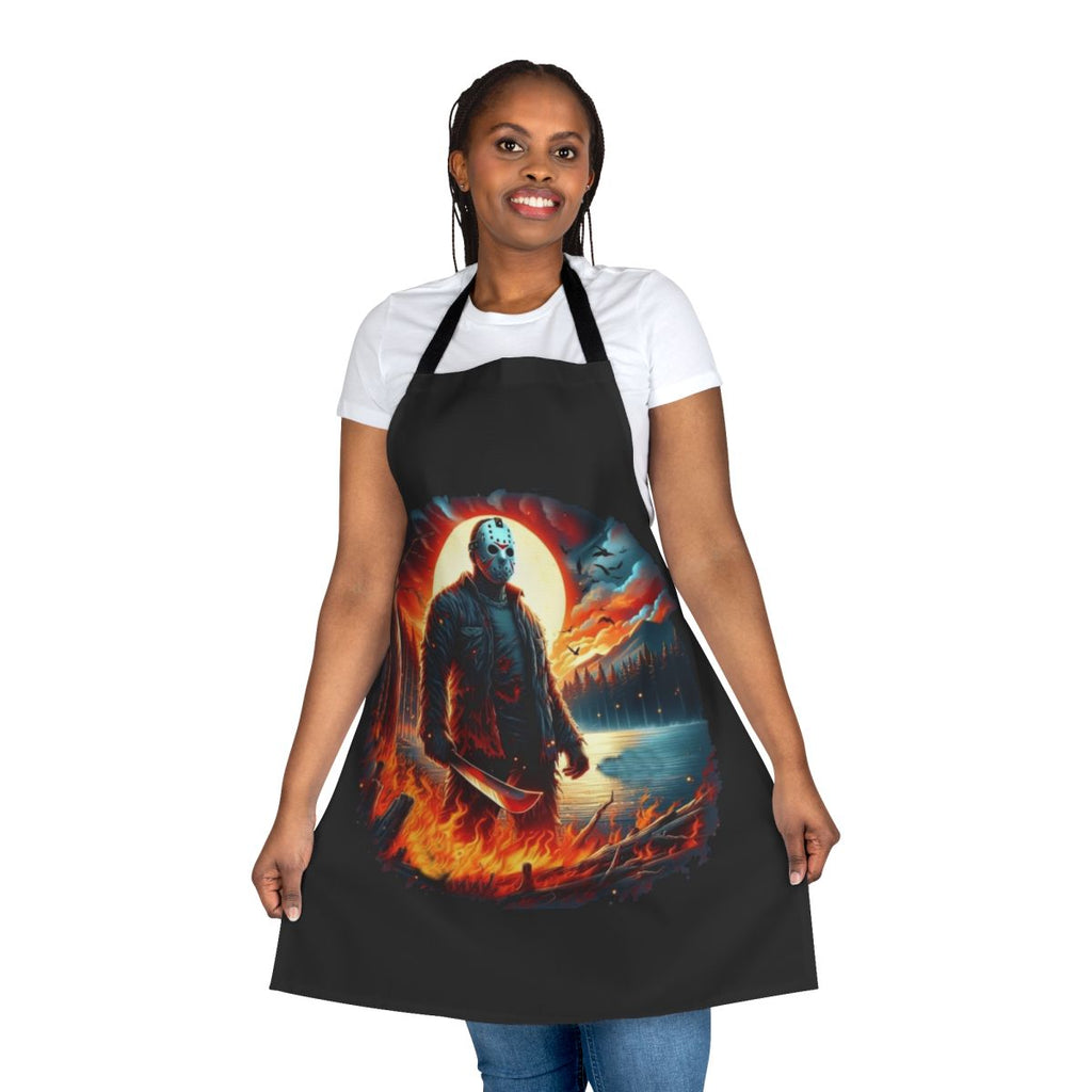 A scary kitchen apron featuring the iconic Jason hockey mask from the Friday the 13th horror movie franchise.