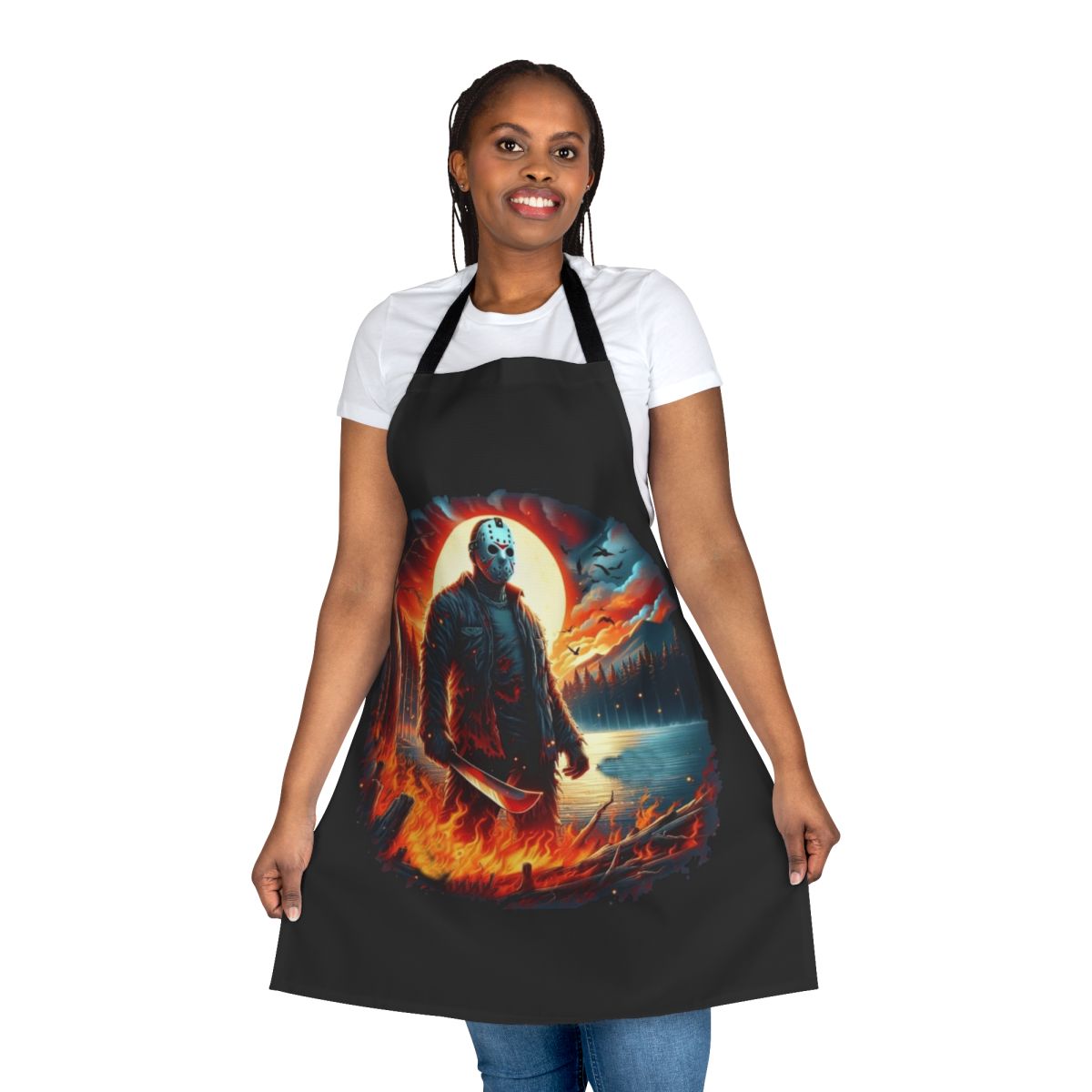 A scary kitchen apron featuring the iconic Jason hockey mask from the Friday the 13th horror movie franchise.