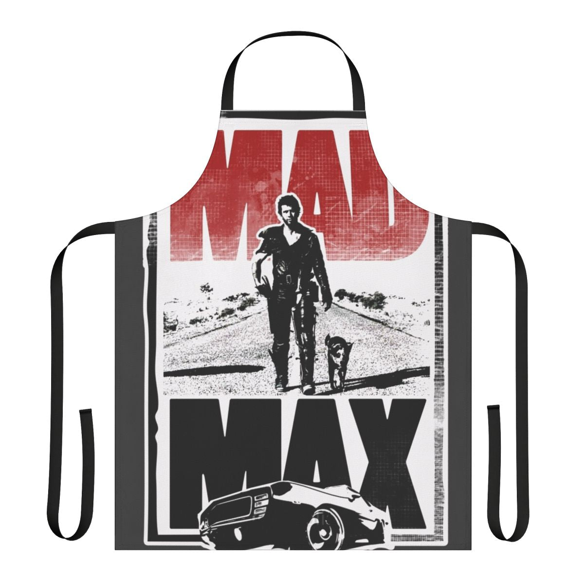 Mad Max-inspired apron with Fury Road and post-apocalyptic graphics