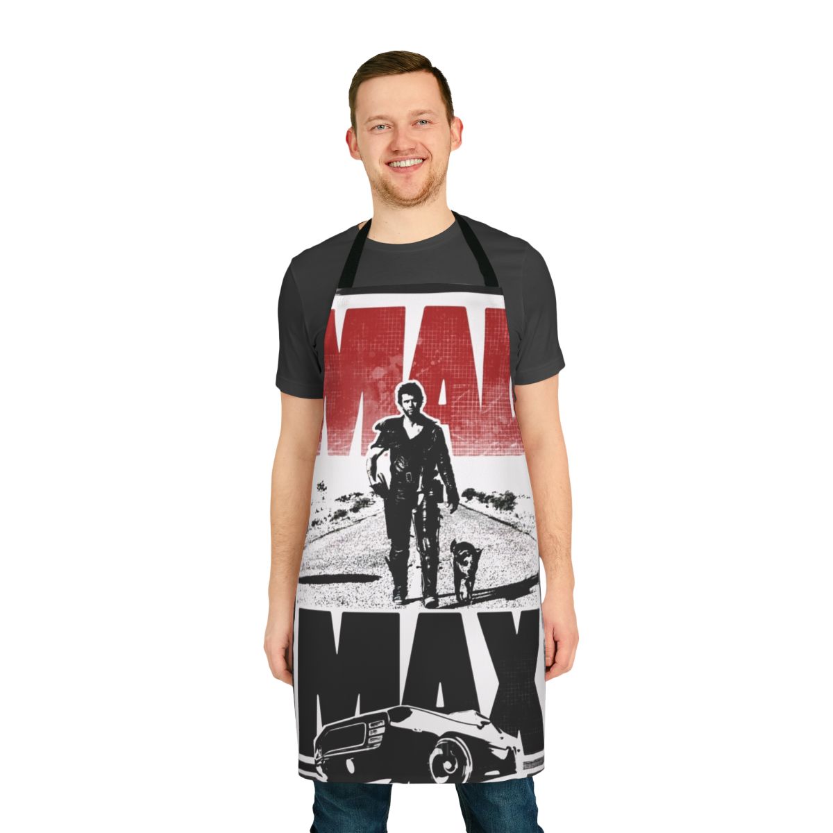 Mad Max-inspired apron with Fury Road and post-apocalyptic graphics
