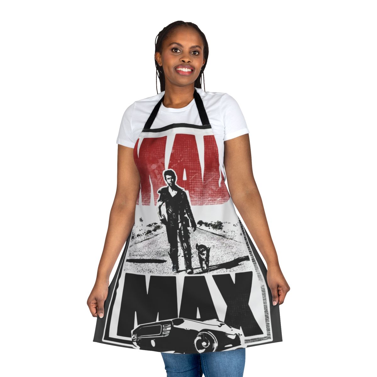 Mad Max-inspired apron with Fury Road and post-apocalyptic graphics