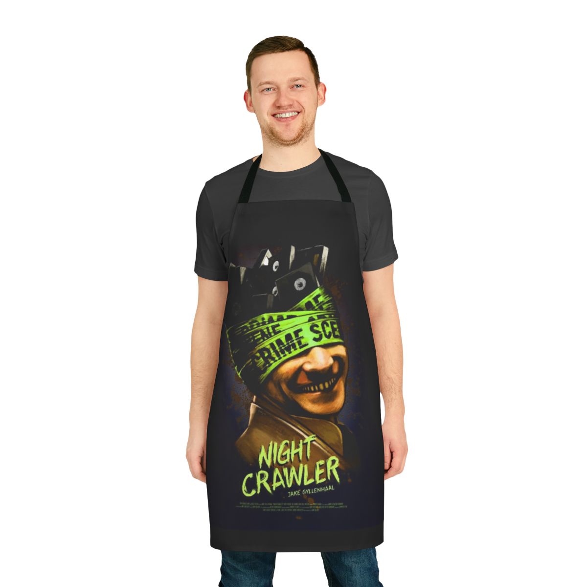 A green apron with a night vampire design, inspired by the thriller movie.