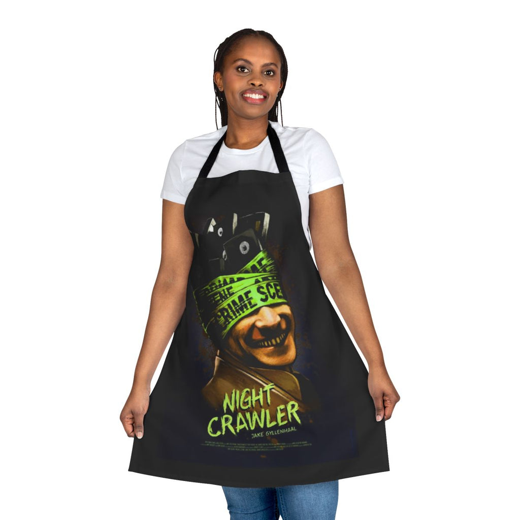 A green apron with a night vampire design, inspired by the thriller movie.