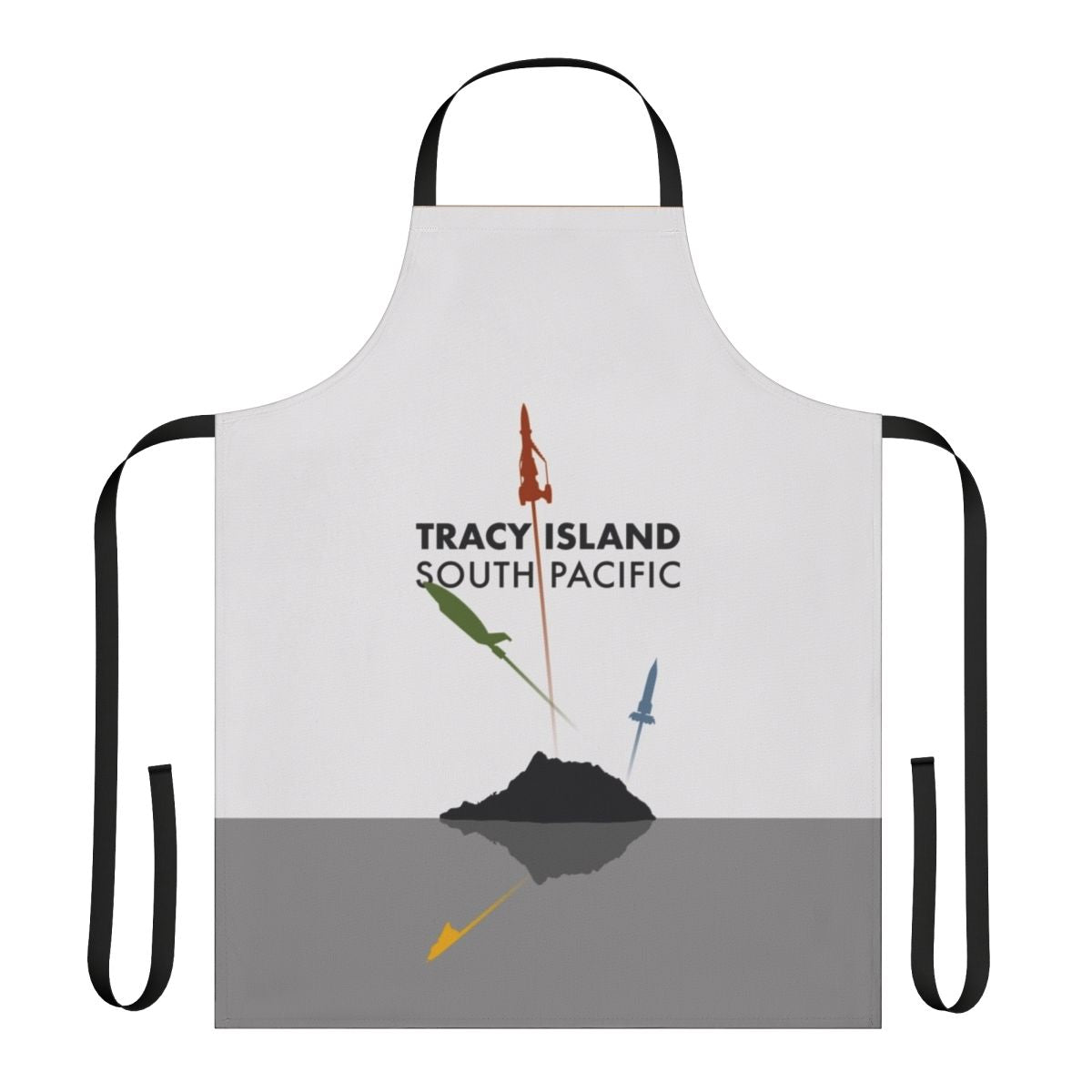 Colorful apron featuring silhouettes of the Thunderbirds characters and Tracy Island rocket launch