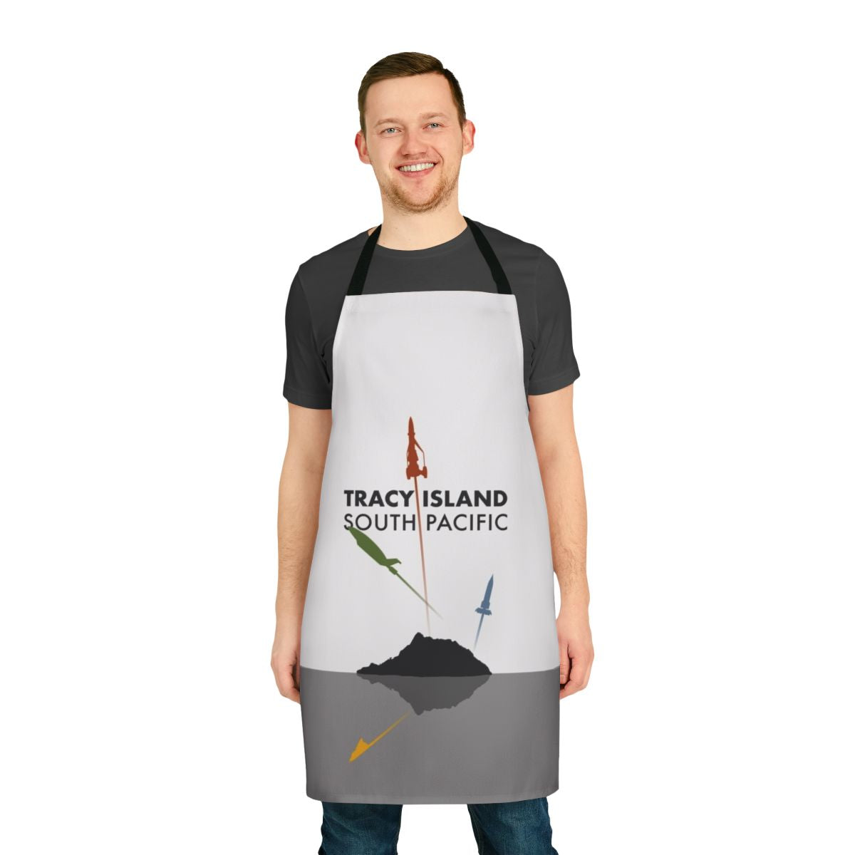 Colorful apron featuring silhouettes of the Thunderbirds characters and Tracy Island rocket launch