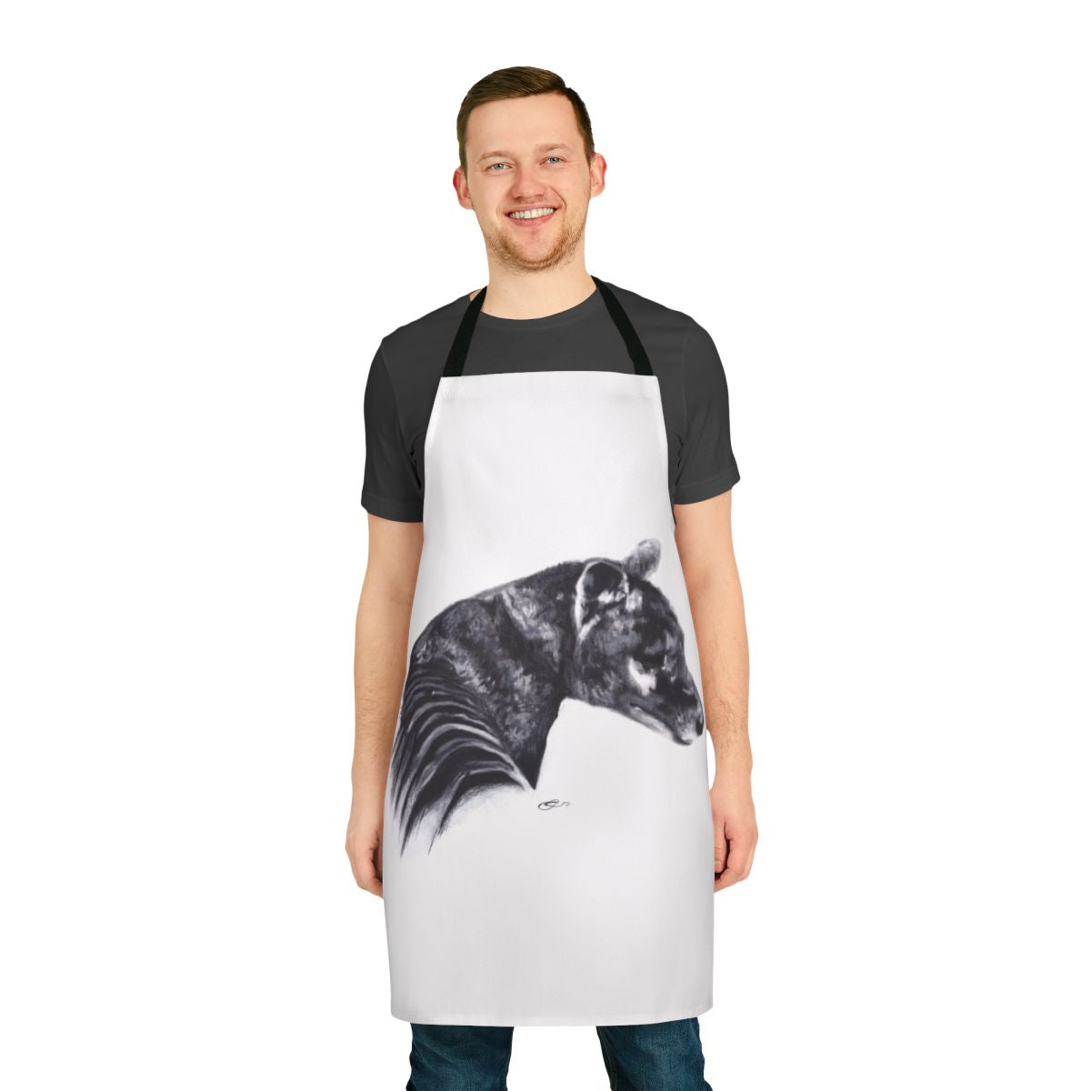 Cooking apron featuring artistic illustration of the extinct Tasmanian tiger (thylacine)