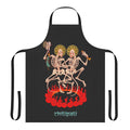 An apron featuring a stylized design of skeletal figures engaged in a Tibetan-inspired ritual dance.