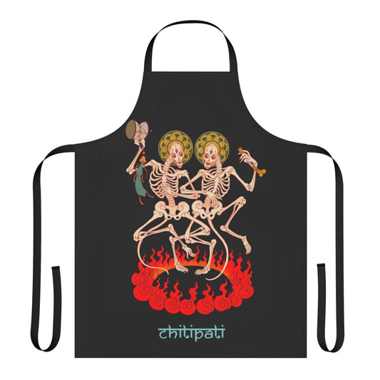 An apron featuring a stylized design of skeletal figures engaged in a Tibetan-inspired ritual dance.
