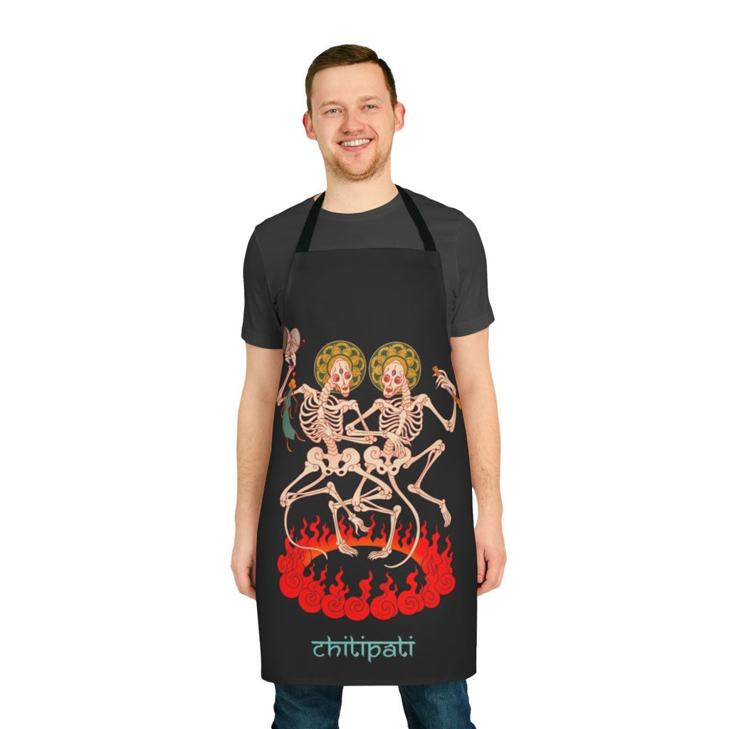 An apron featuring a stylized design of skeletal figures engaged in a Tibetan-inspired ritual dance.