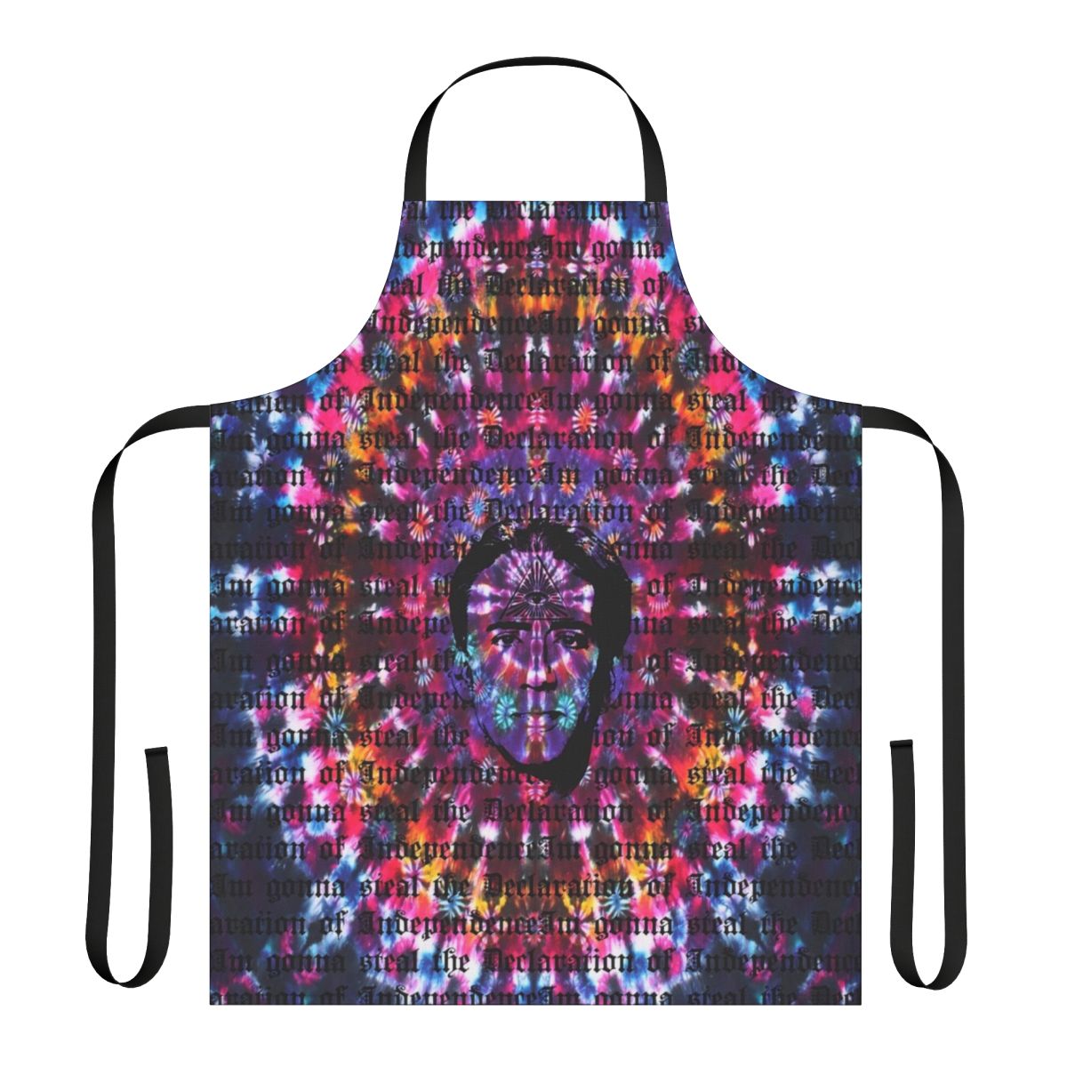 Tie dye apron with a third eye design, inspired by Nicolas Cage's iconic roles and the Shambhala music festival in British Columbia.