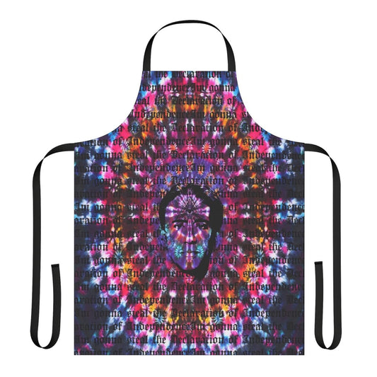 Tie dye apron with a third eye design, inspired by Nicolas Cage's iconic roles and the Shambhala music festival in British Columbia.
