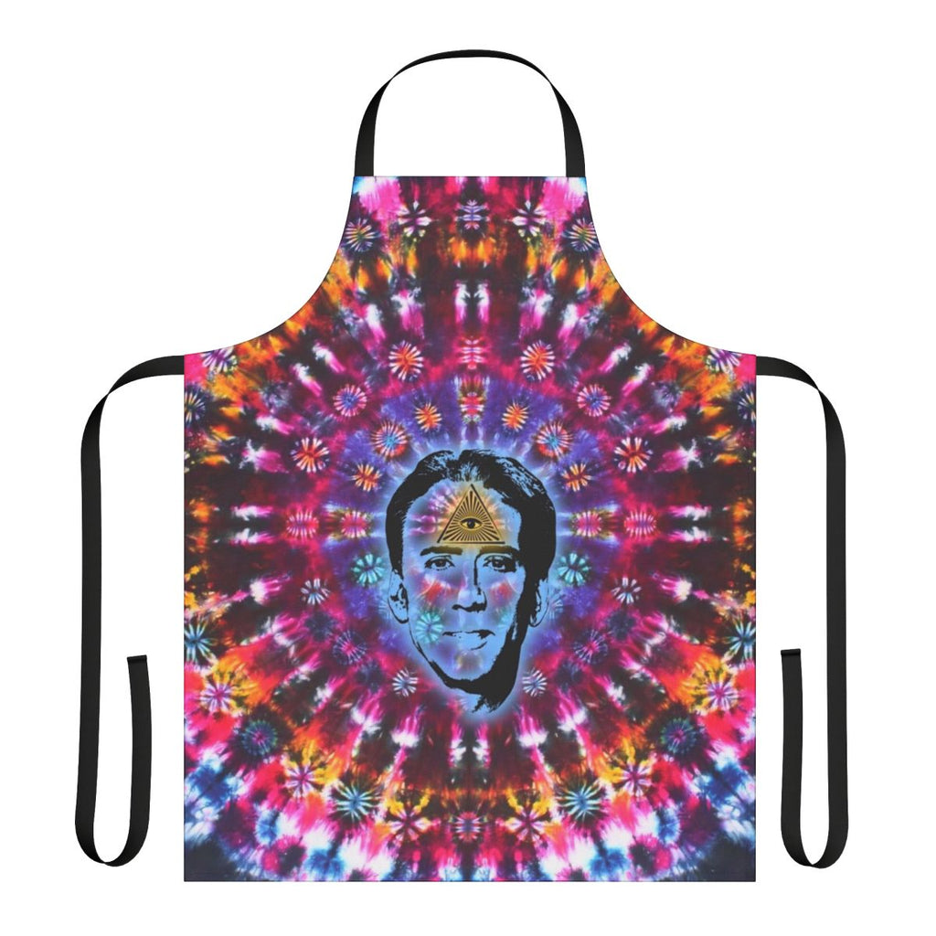 Vibrant tie-dye apron featuring an iconic image of actor Nicolas Cage